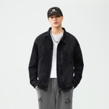 美式复古立领黑色牛仔夹克男士2024春秋宽松休闲大码外套衣服秋冬