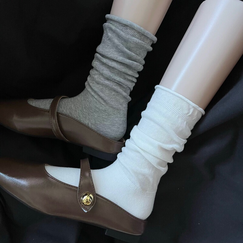 Lazy Rolled Edge White Patchwork Socks for Women, Mid-Calf Pure Cotton Seamless Versatile Gray Slouch Socks, Thin Style for Spring and Summer Lazy Rolled Edge White Patchwork Socks for Women, Mid-Calf Pure Cotton Seamless Versatile Gray Slouch Socks, Thin Style for Spring and Summer