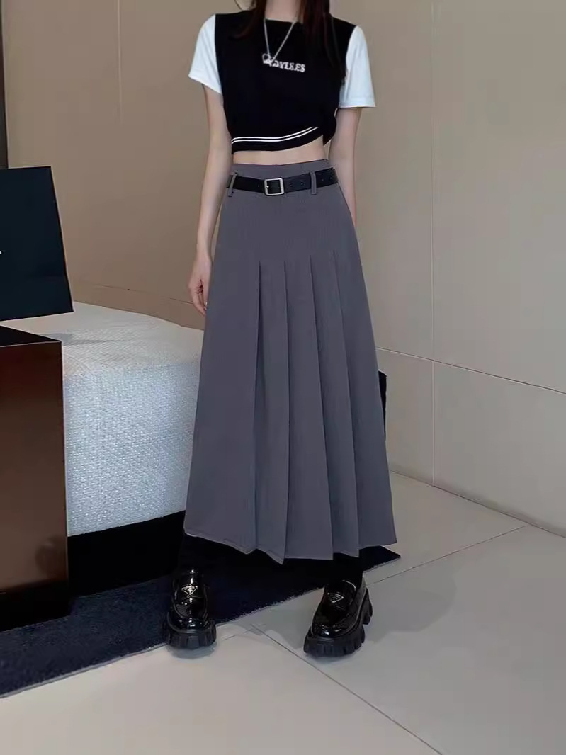 세트 직물 주름 치마 긴 치마 2024 새로운 한국 간단한 검은 회색 프랑스 높은 허리 슬리밍 A-라인 버전