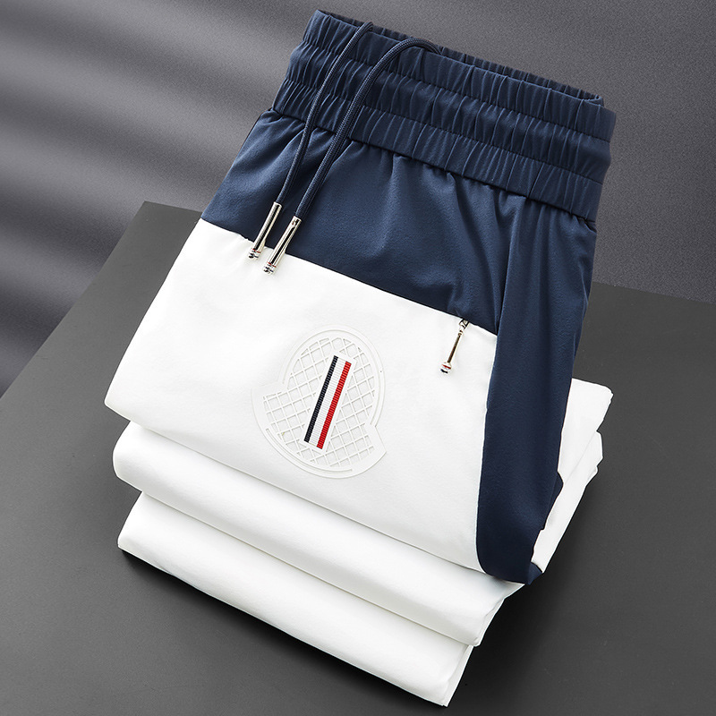 Light Luxury Ice Silk Sliding Quick-drying Sports Pants Men's Slim-fit Summer Thin Color-matching Leg Embroidered Casual Sweatpants for Men