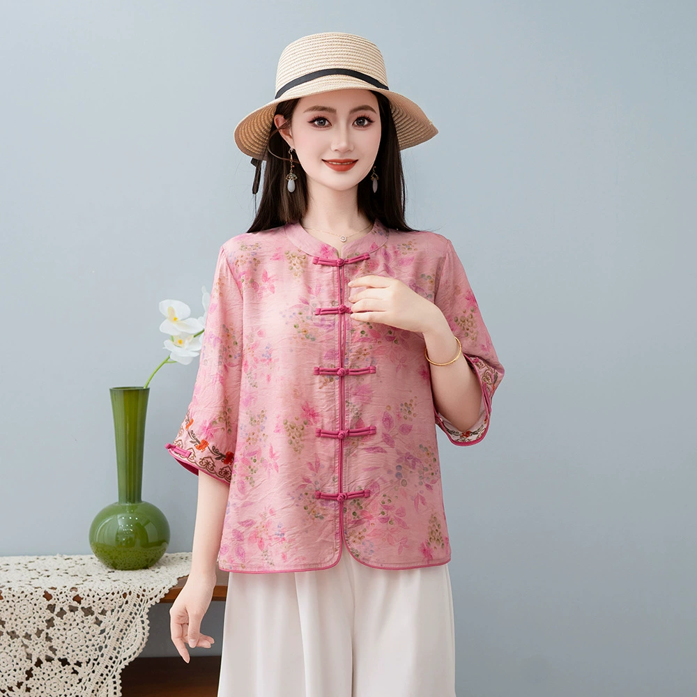 Свободный тонкий кардиган с воротником-стойкой в ​​китайском стиле в литературном стиле ретро с рукавом три четверти, рубашка в этническом стиле для женщин