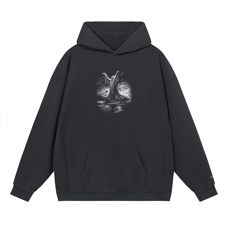 High Street MIEDO DE DIOS conjunto-nombre de la figura impresa lavada apenada suelta suéter con capucha europea y americana Sudadera con capucha moda