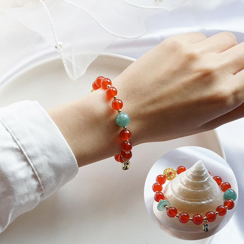 Pulsera de jade retro de moda para mujer, pulsera de calcedonia de calabaza de estilo étnico tibetano, decoración de mano de la suerte, rojo de la suerte