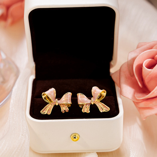 Sterling Silver French Cream Butterfly Knot Earrings, Lightweight Luxury Cute Style Overlapping Earrings, Fresh and Sweet Ear Decorations