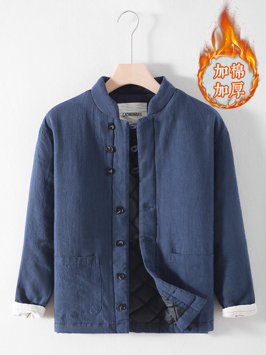2024冬季新款男士中式棉衣休闲棉麻保暖加厚盘扣立领国风棉服鹤影