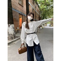 时尚套装今年流行的设计感显瘦长袖条纹衬衫衬衣阔腿长裤子春秋女