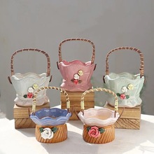 创意家居简约小清新手提藤条吊篮园艺拼盘个性手工捏花多肉花盆栽