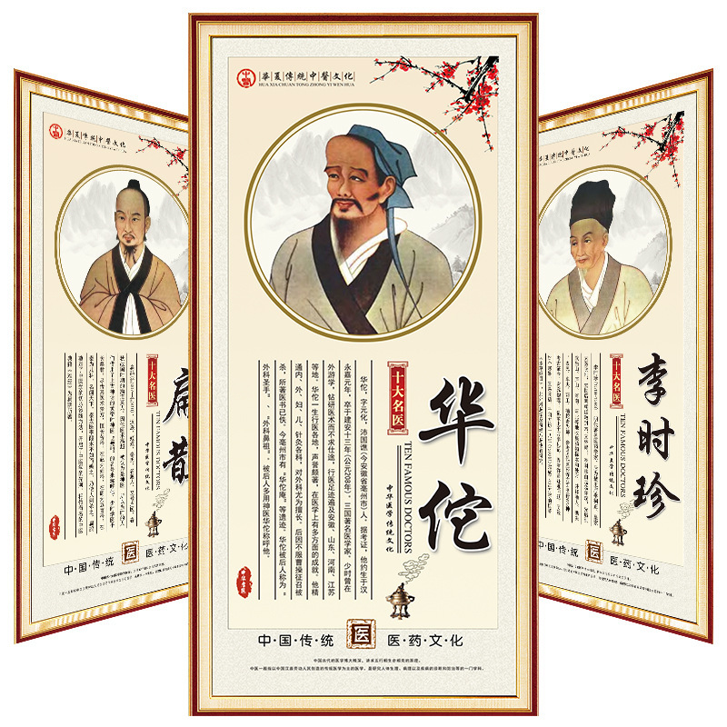 Ten Famous Ancient Chinese Traditional Chinese Medicine Doctors Wall Chart Hua Tuo Portrait Bian Que Li Shizhen Sun Simiao Zhang Zhongjing Oil Canvas