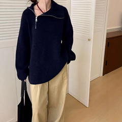 欧货重工设计感女装斜肩拉链高领毛衣女中长款慵懒加厚套头针织衫