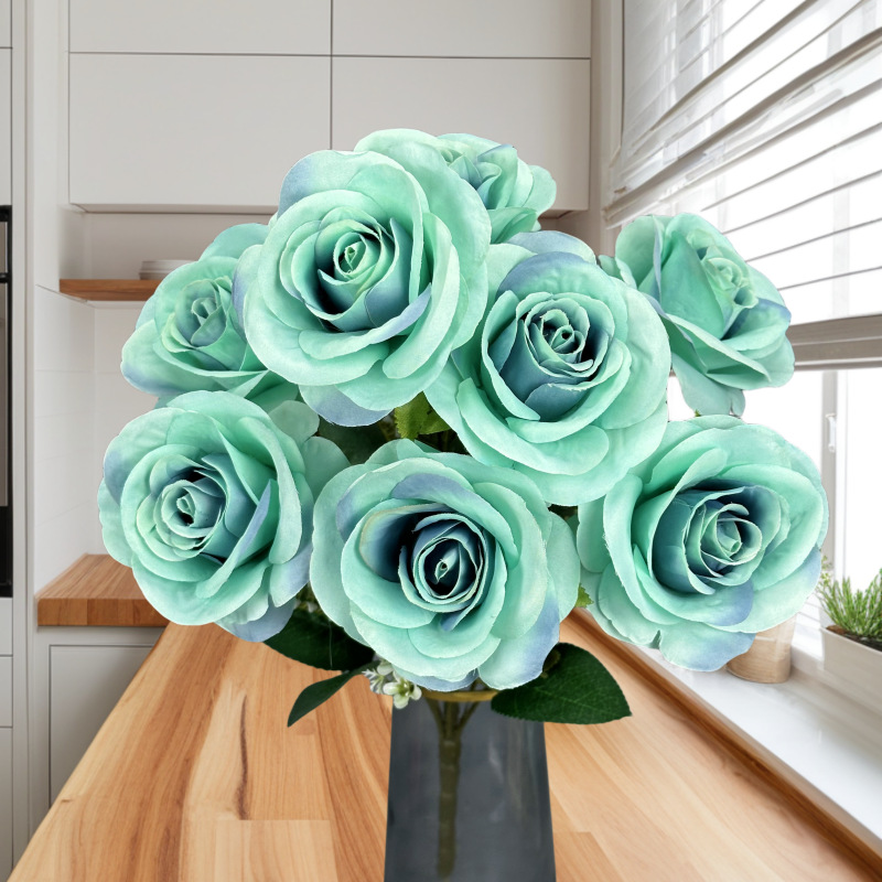 9 manojo de la cabeza, amante, rosa, flor artificial, boda, decoración del hogar, rosa, decoración de flores falsas hechas a mano al por mayor