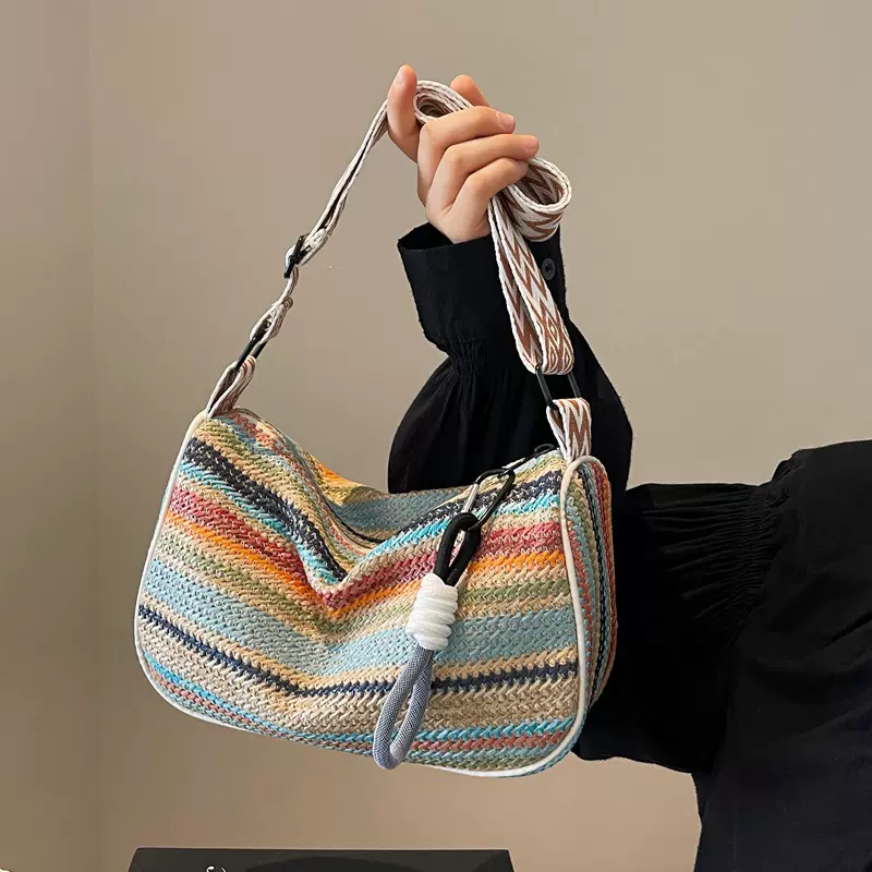 夏季潮流彩虹编织包女新款时尚简约休闲草编包外出单肩包包女