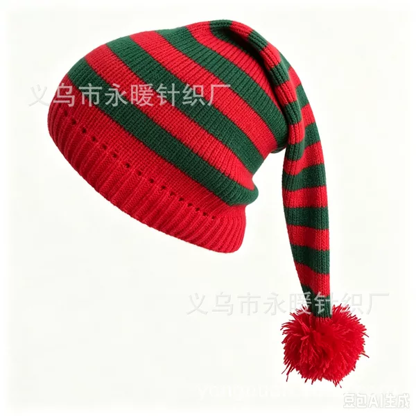 Christmas Elf Hat Red and Green Striped Knit Hat with Pom-Pom and Long Tail, Festive Hat for Adults, Warm Christmas Party Hat
