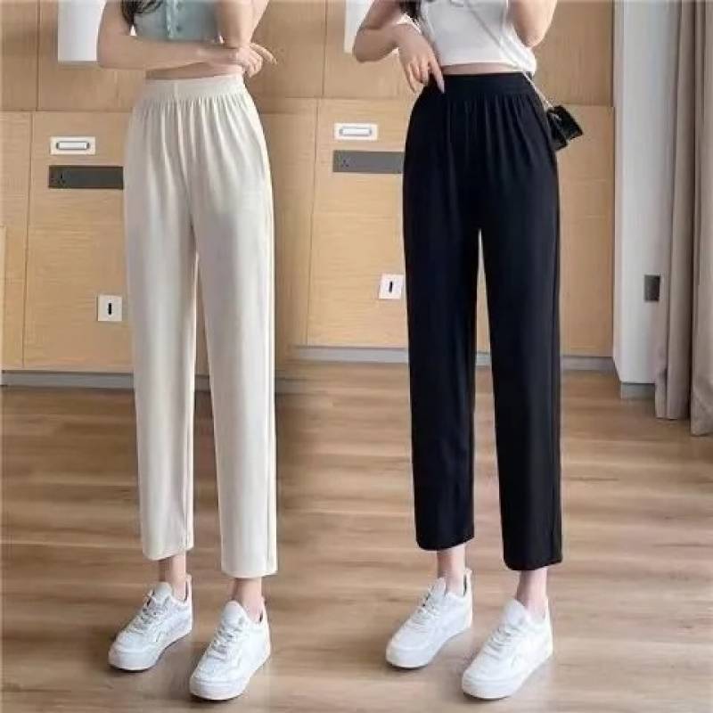 Ice Silk Pants for Women's Summer Short Cropped Thin High Waist High-height Dagging Cropped Pants Wide Leg Pants Cool Cropped Pants
