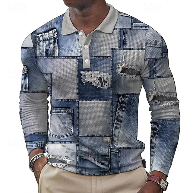 Europa y América AliExpress personalidad mezclilla impresión 3D hombres casual salvaje suelta manga larga botones cuello POLO camisa