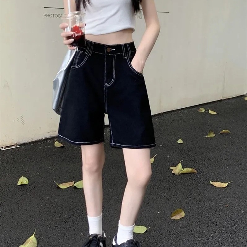 【韩牛】黑色牛仔短裤女夏宽松直筒2025秋季高腰显瘦百搭五分裤子|undefined