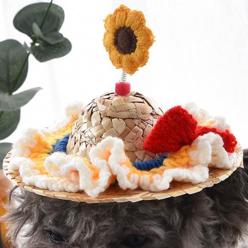 Dog Hat Summer Straw Pet Straw Hat Bamboo Dragonfly Adjustable Four Seasons Corgi Pet Headwear Sun Hat