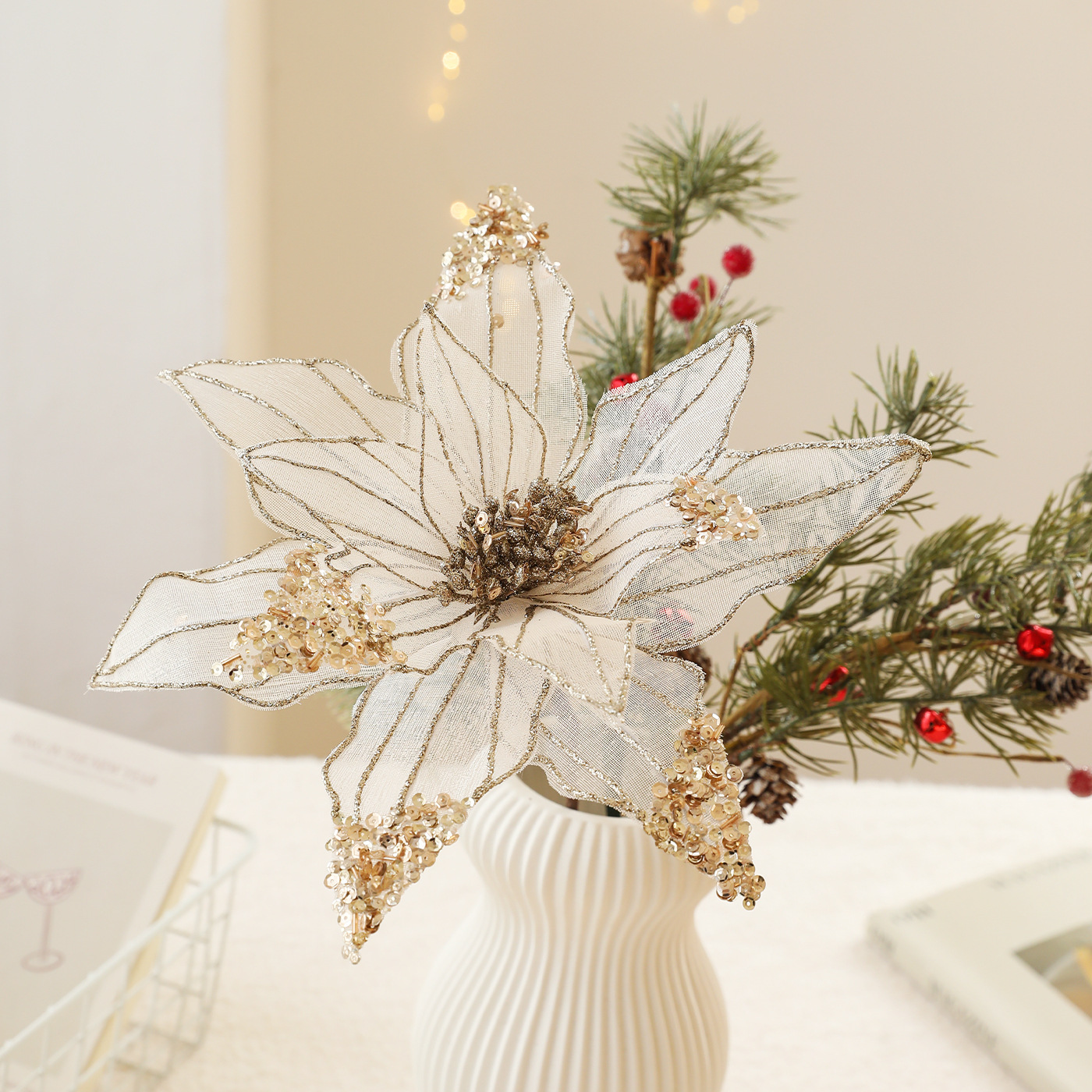 Nuevas flores de Navidad decoraciones de Navidad árbol de Navidad de alta calidad polvo de oro de polvo de tela flor flor de malla de imitación flores