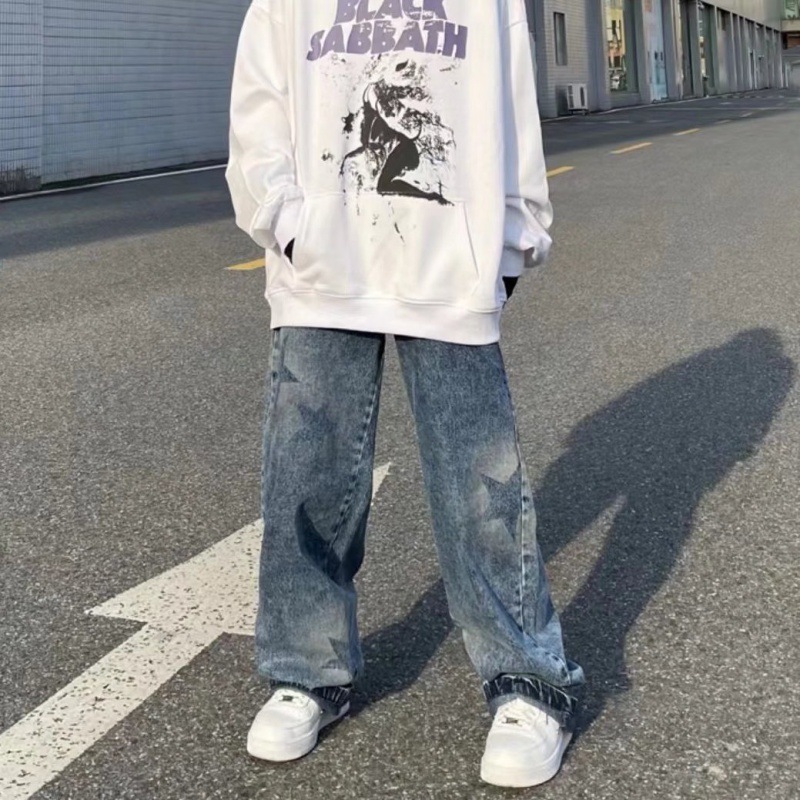 Pantalones de mezclilla rectos de la calle alta de Europa y América ins marca de moda de los hombres estrella de cinco puntas pantalones de pierna ancha drapeado más tamaño frito calle papá pantalones