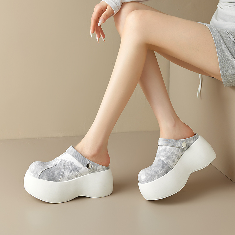 Dép cao gót platform đế dày 8 cm phong cách Trung Hoa, mũi kín, xỏ lười, hai kiểu mặc — màu xanh nhạt
