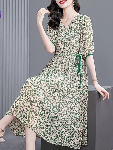 Celebrity style, floral collar, short-sleeved dress, summer new style, green large-size mid-length dress