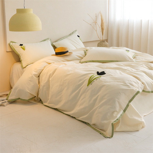 Selected Grade A Cotton Washed Quilt Set 100% Pure Cotton Bedding Set for Dormitory (3-Piece Set Including Bedspread, Pillowcase, and Bed Skirt)
