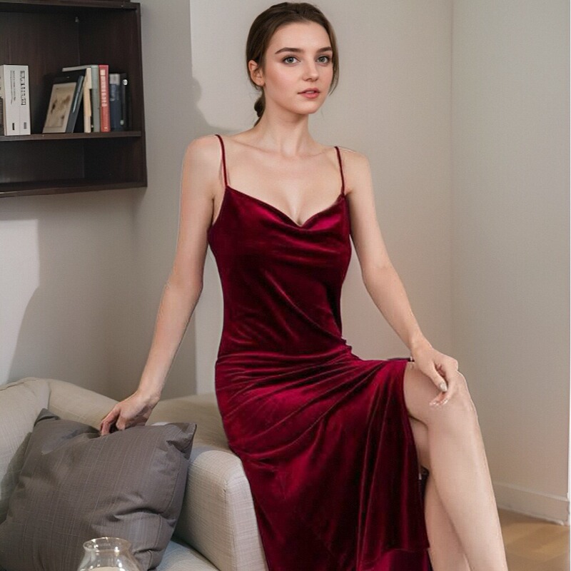 European and American Foreign Trade Women's Nightgown Long Sleeve Lace Stitching Strap Long Home Clothes Pajamas Bathrobe Women