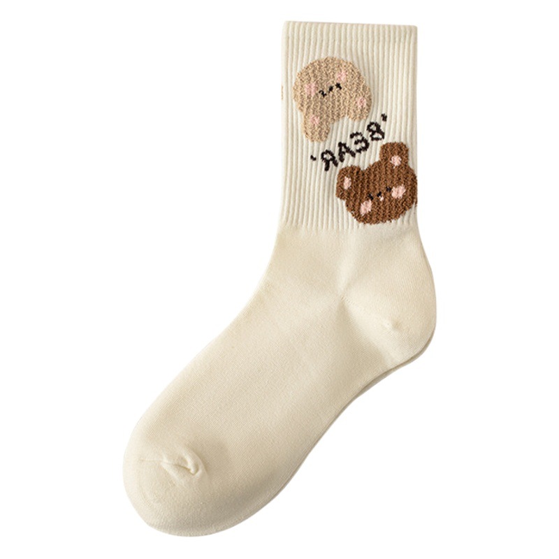 Calcetines de oso de peluche marrón para mujer primavera y verano lindos calcetines japoneses de media pantorrilla ins medias retro de felpa tridimensionales de moda