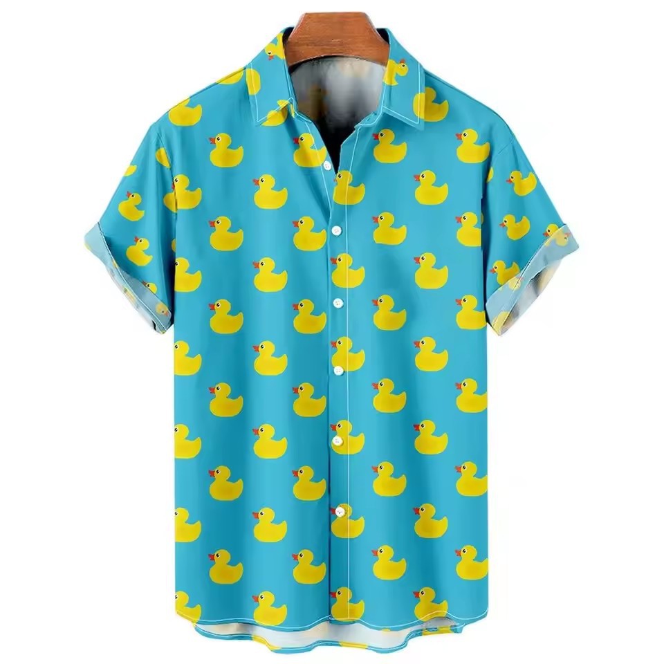 2024 venta caliente piscina patito amarillo dibujos animados animal estampado 3D hombre vacaciones hawaiano camisa de manga corta con botones