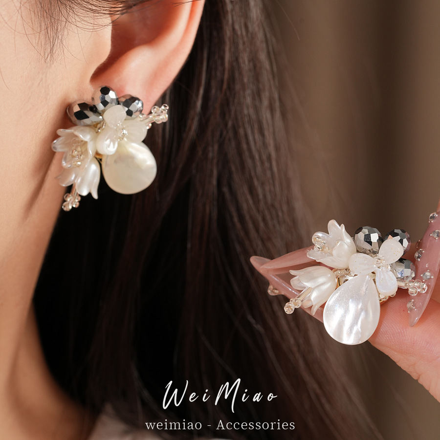 Conchas de vidrio flores gotas de agua perlas temperamento moda aretes de aretes de lujo ligero de alta calidad perlas al por mayor mujeres image 3