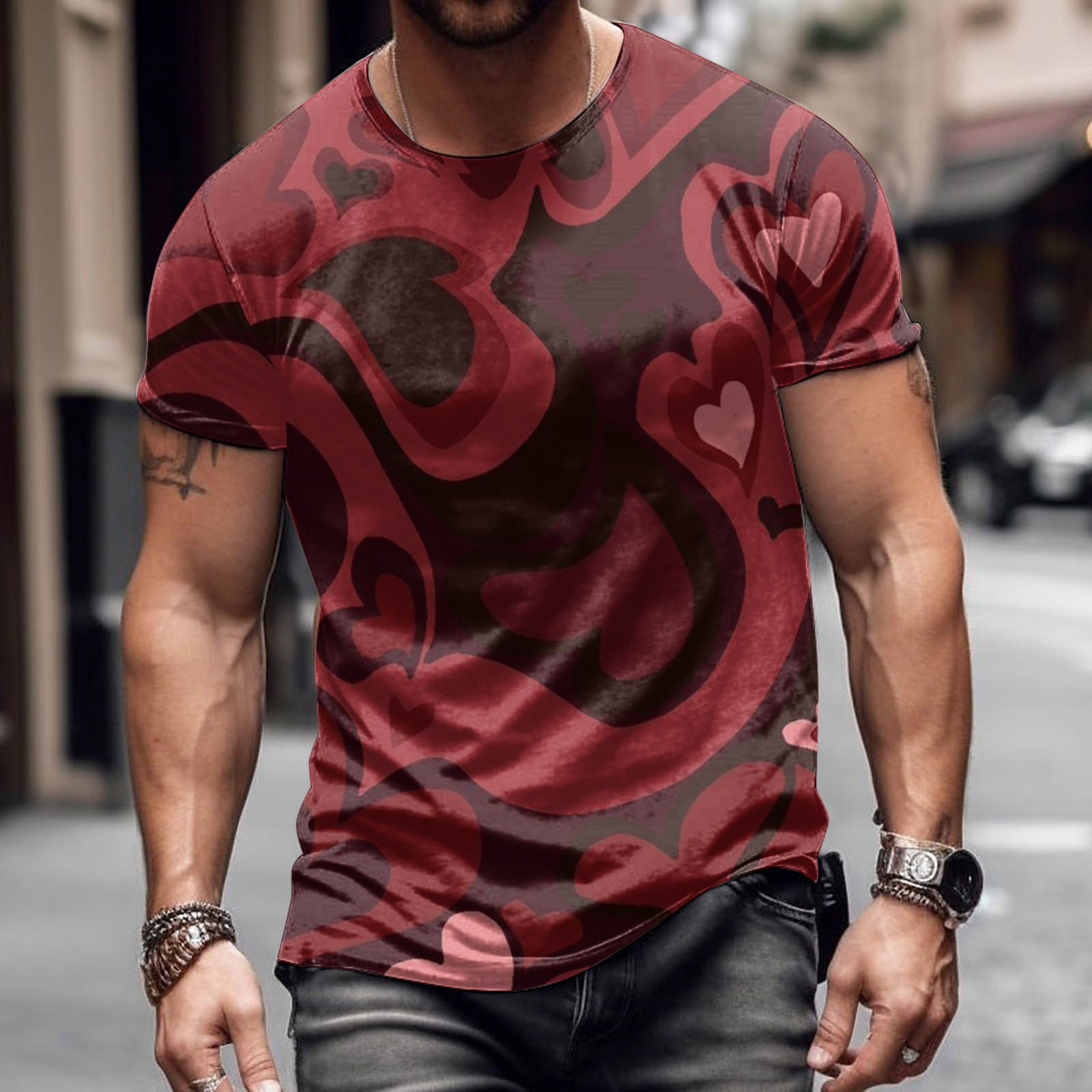 Moda romántica Día de San Valentín colorido amor 3D cepillado lleno de impresión de los hombres calle alta suelta transpirable camiseta de manga corta en stock
