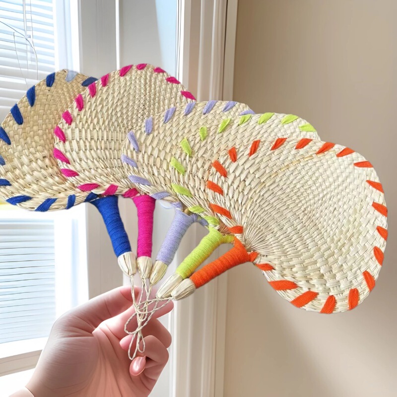 Straw woven old-fashioned brown leaf pu fan woven logo shaped edging summer cool pu fan embroidery wholesale in stock