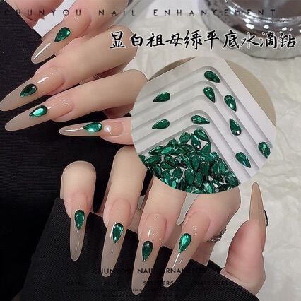 Emerald Flat-Bottomed Diamond Long Water Drop Special-Shaped Resin Manicure Diamond Dark Green Retro Wearable Nail Phototherapy Nail Diamond