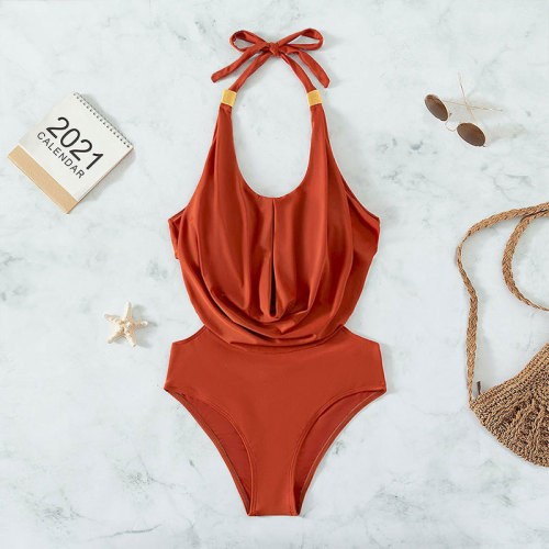 2024外贸比基尼连体泳衣亚马逊性感挂脖系带连体沙滩泳装女批发
