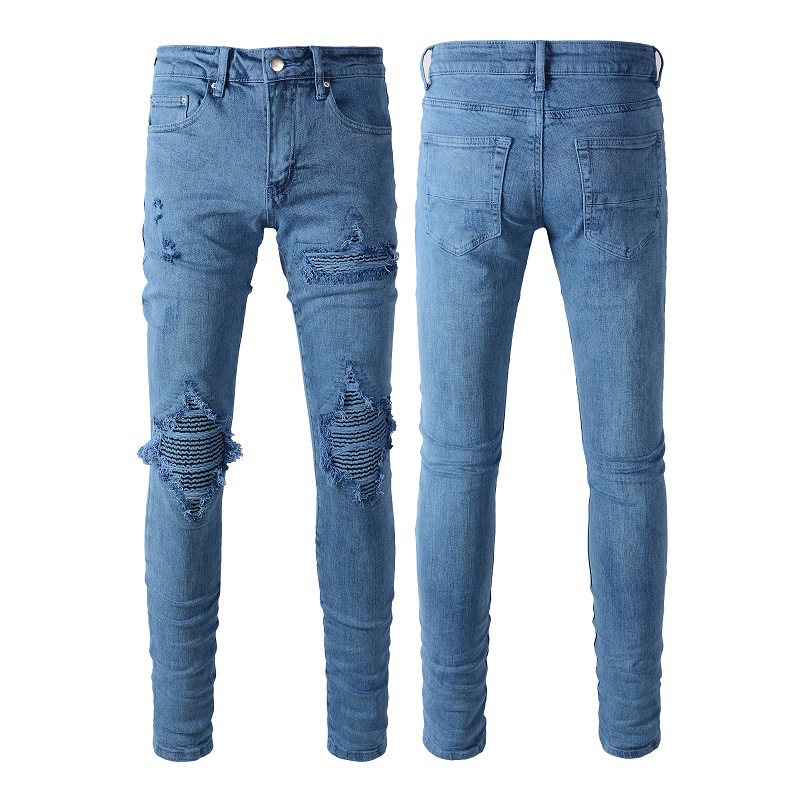 Abbigliamento maschile stesso stile baffi di gatto stropicciati blu patchwork buco elastico slim fit jeans skinny jeans_voghion.com