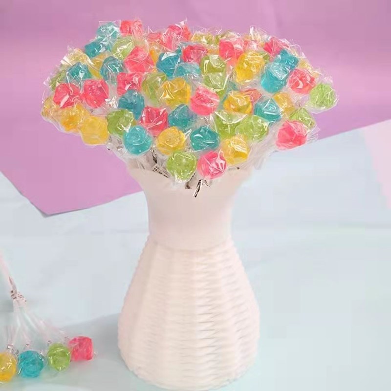 新款120支/花籃棒棒糖混合水果味零食玫瑰花糖婚車花束棒棒糖