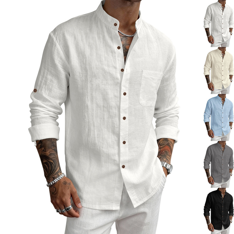 2026 Cross-Border Amazon American-Style Men's Hawaiian-Style Stand-Up Collar Breathable Linen Henley Collar Casual Long-Sleeved Shirt