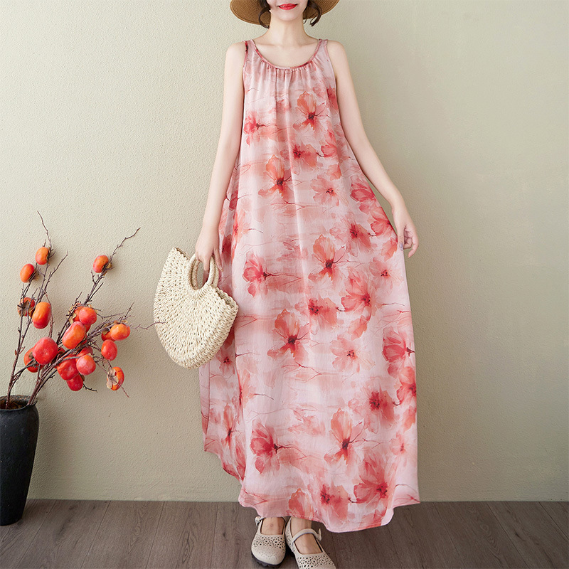 2025 Summer New plus size Free Series Relaxation Lazy Skirt Minimalist Flower Sleeveless Long dress