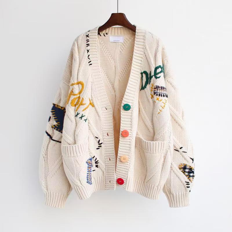 Cross-Border Women's Cable Knit Long-Sleeve Sweater Cardigan for Autumn and Winter, V-Neck with Colorful Buttons and Letter Embroidery Sweater Coat Cross-Border Women's Cable Knit Long-Sleeve Sweater Cardigan for Autumn and Winter, V-Neck with Colorful Buttons and Letter Embroidery Sweater Coat