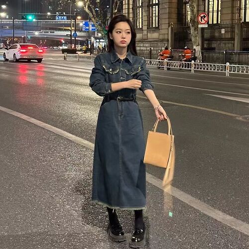  New Year Autumn/Winter Women's Elegant Lady Style Denim Dress Shirt Skirt French Long Dress Early Spring