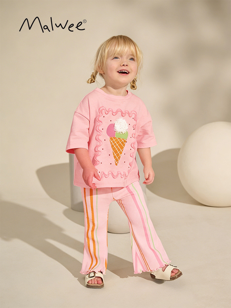 Trajes de niñas malwee transfronterizos de verano nuevas camisetas europeas y americanas pantalones de cintura elástica para niños pequeños y medianos lindos conjuntos de dos piezas