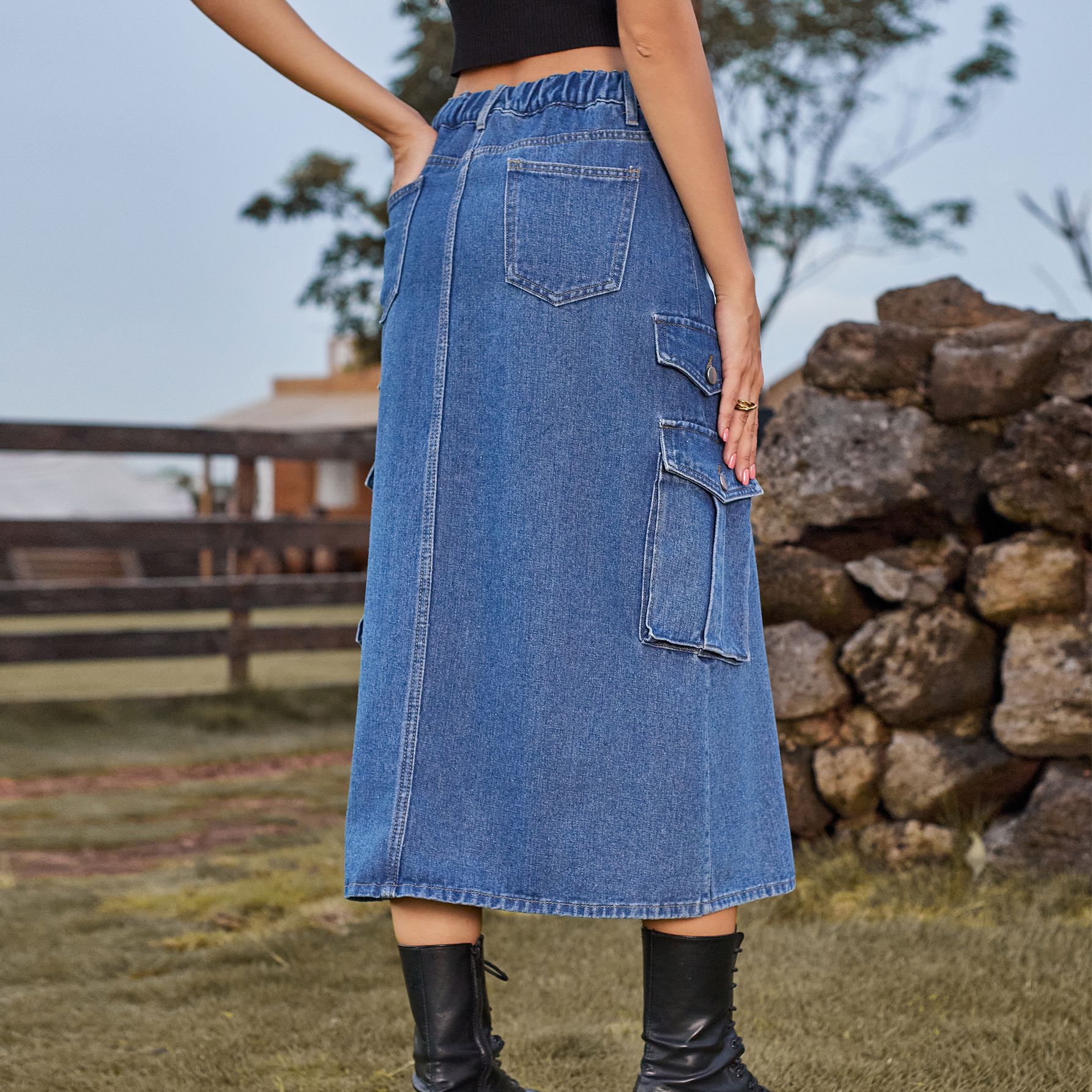 Frühling Herbst Strassenmode Einfarbig Denim Midi-kleid Röcke display picture 30