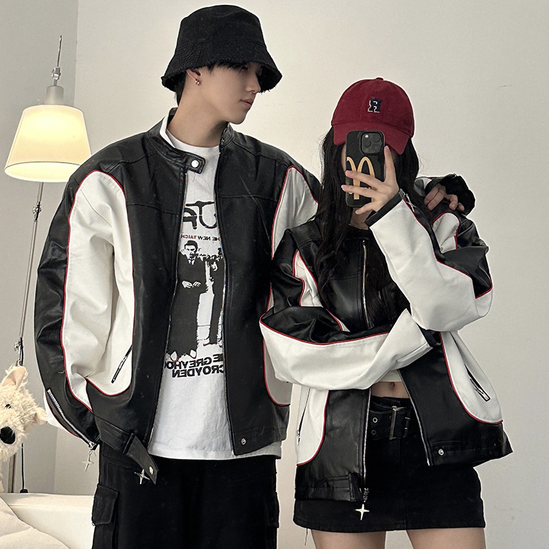 아메리칸 스타일 레트로 커플 의류 가을 겨울 자켓 남성 봄과 가을 컬러 매칭 수직 칼라 오토바이 패션 브랜드 작업복 야구 세트