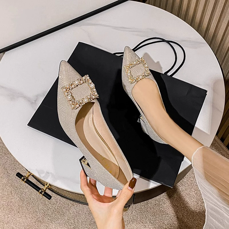 Жемчужные туфли с заострением свадебные туфли для невесты Женские туфли на толстом каблуке на среднем каблуке Женские туфли на одном каблуке