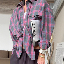 亚马逊跨境2025秋季复古风百搭翻领宽松衬衣格纹长袖口袋女式衬衫