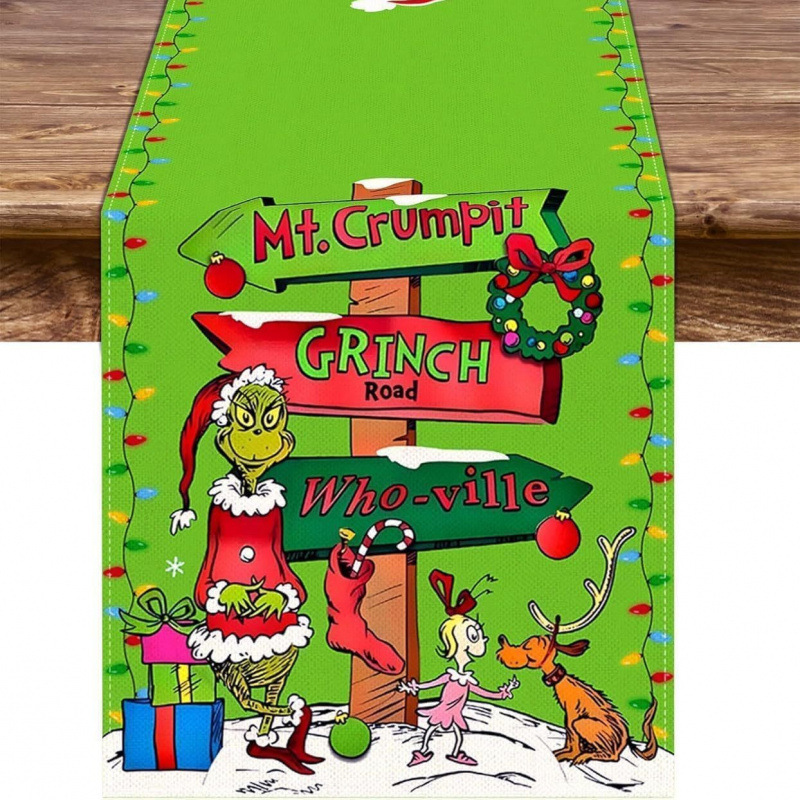 グリーン奇装飾テーブル旗亜麻防油テーブルマットクリスマス怪傑映画人物プリントテーブルタオルメーカー卸売り|undefined