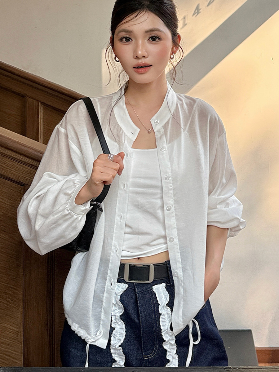 森岛 兰精天丝亚麻衬衫女春夏防晒抽绳微透开衫轻薄宽松凉感外套