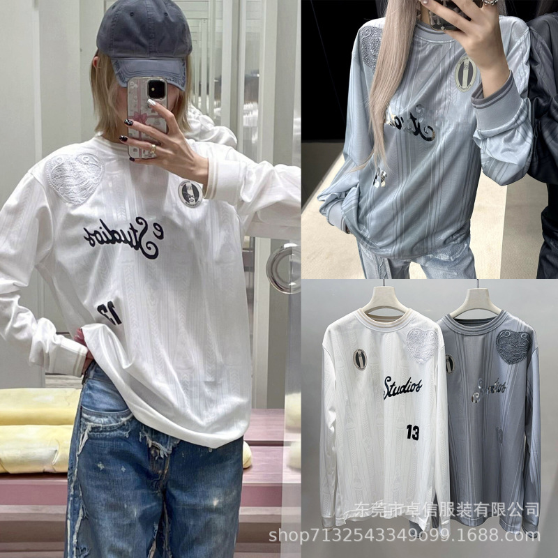 Nanyou Women's Clothing Zx Heart Lace Embroidery Letter Patch Print Jersey Style Long Sleeve T-Shirt Women's 26 Spring/Summer New Style