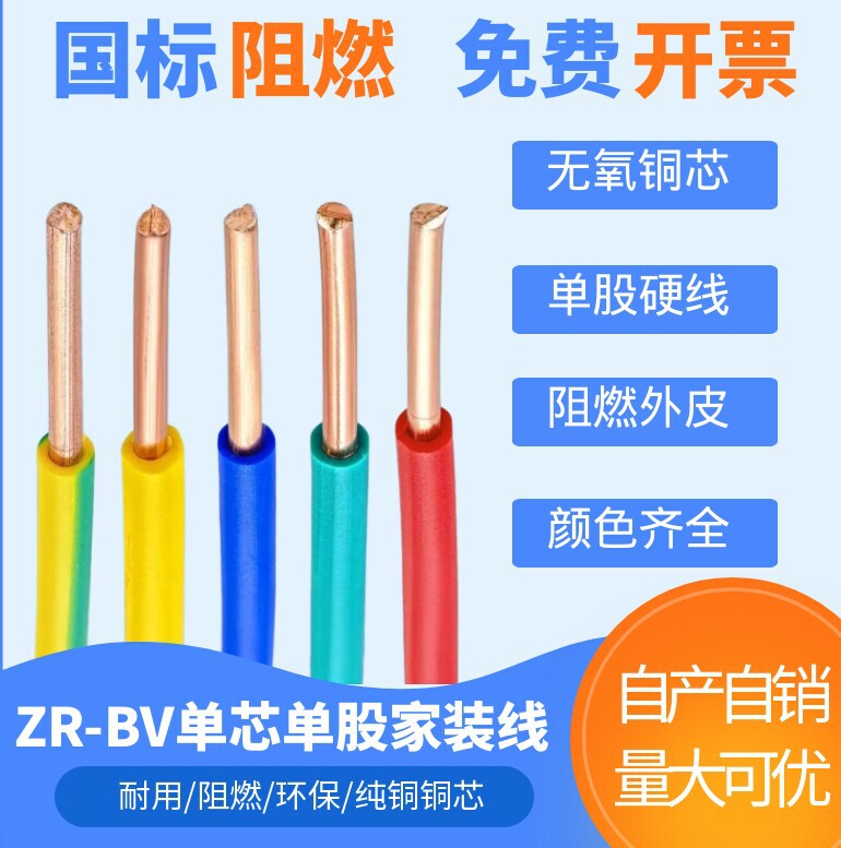 National Standard Flame-Retardant Pure Copper Core Bv/Bvr Single-Strand Hard Wire 1.5/2.5/4/6 Multi-Strand Soft Wire for Lighting and Home Decoration Grounding