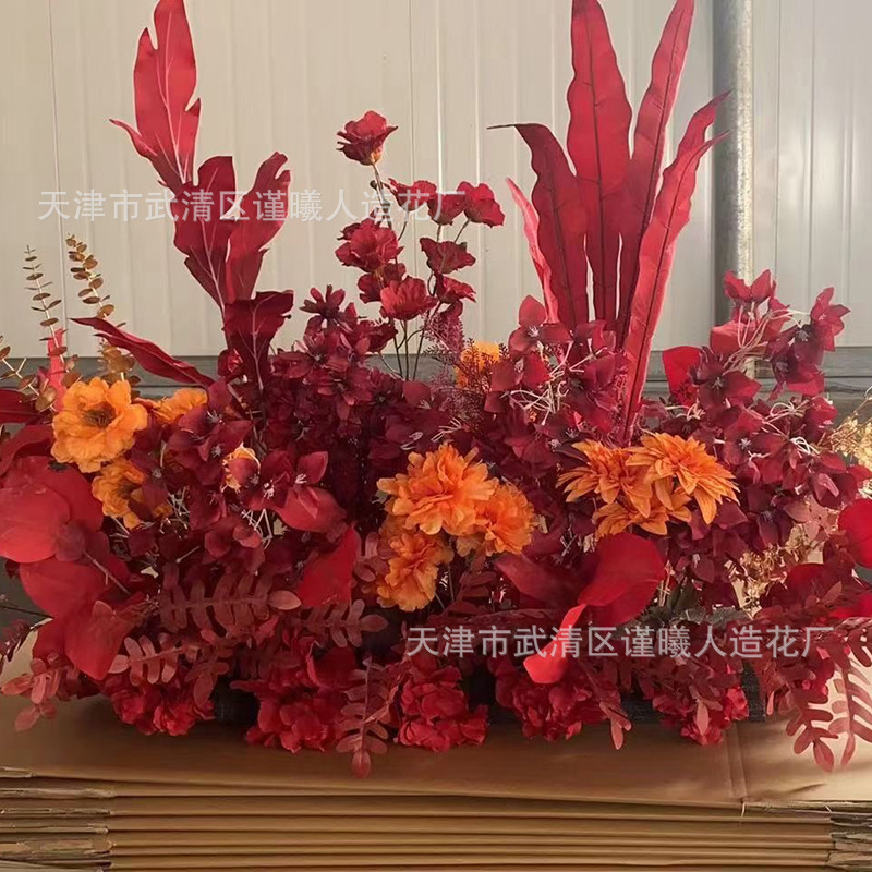공장 직공급 국경 해외 무역 꽃다발 천장 레드 시뮬레이션 웨딩 강당 가짜 꽃 장식 도로 실크 꽃