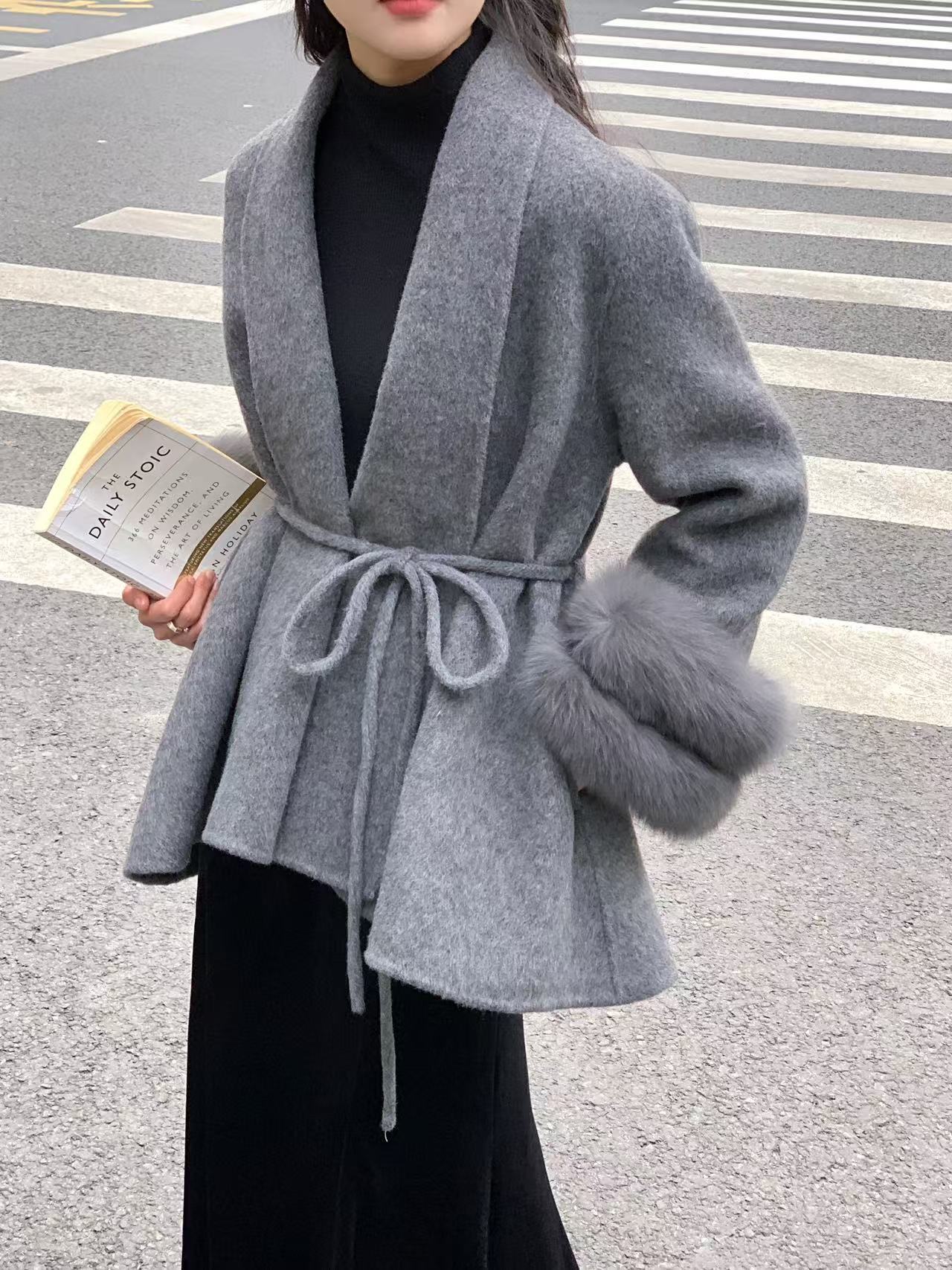 Widened Fox Fur Sleeve New Double-sided Cashmere Coat Mid-length Bathrobe Shoulder Slimming Lace-up Wool Coat for Women